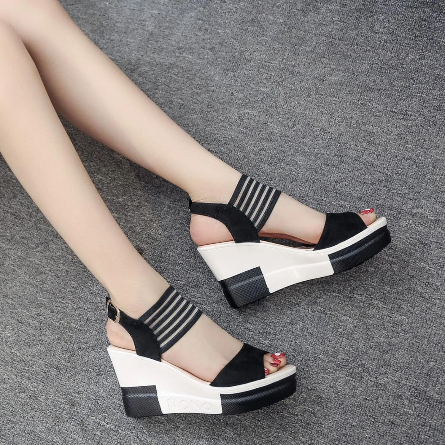 Amozae-Wedge Women Shoes Casual Belt Buckle High Heel Shoes Fish Mouth Sandals Luxury Sandal Women Buty-brown