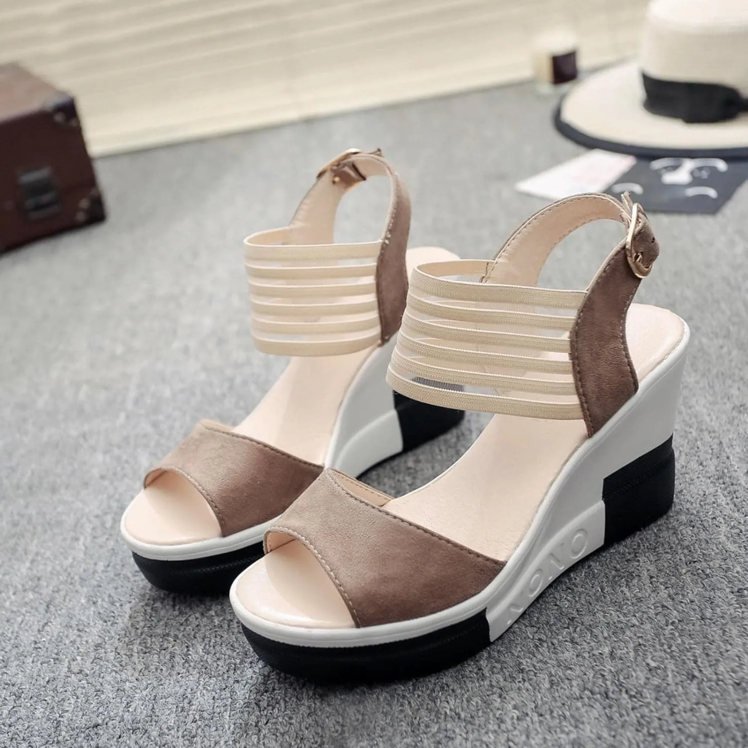 Amozae-Wedge Women Shoes Casual Belt Buckle High Heel Shoes Fish Mouth Sandals Luxury Sandal Women Buty-brown