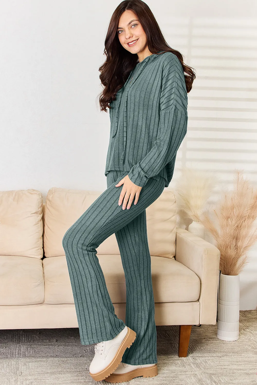 Basic Bae Ribbed Drawstring Hooded Top and Straight Pants Set
