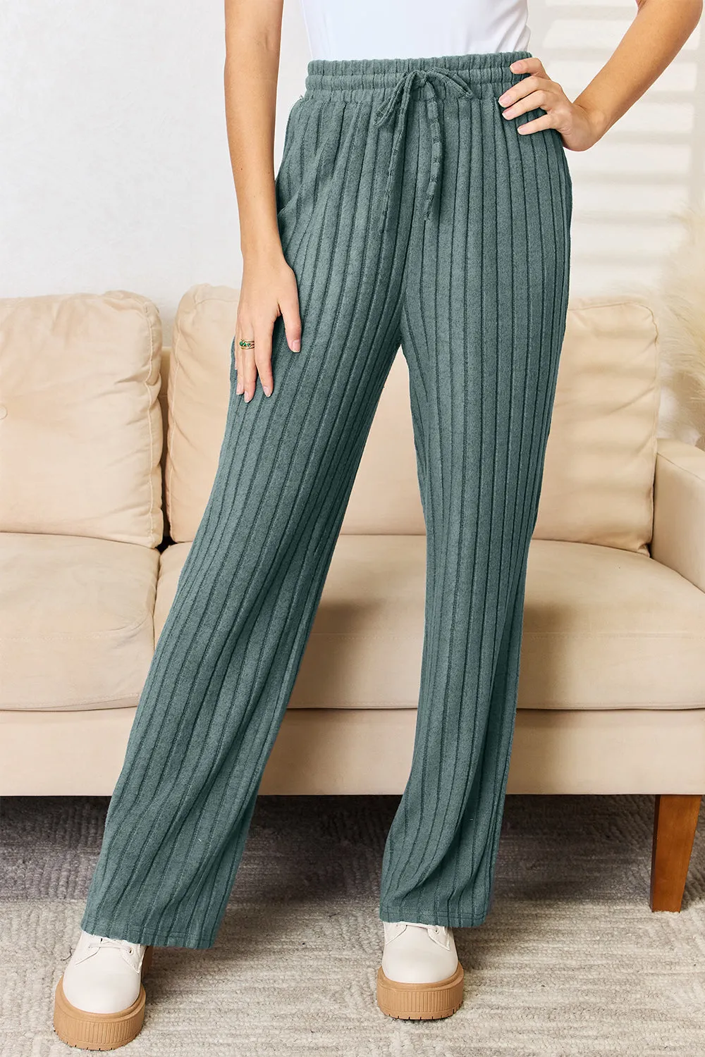 Basic Bae Ribbed Drawstring Hooded Top and Straight Pants Set