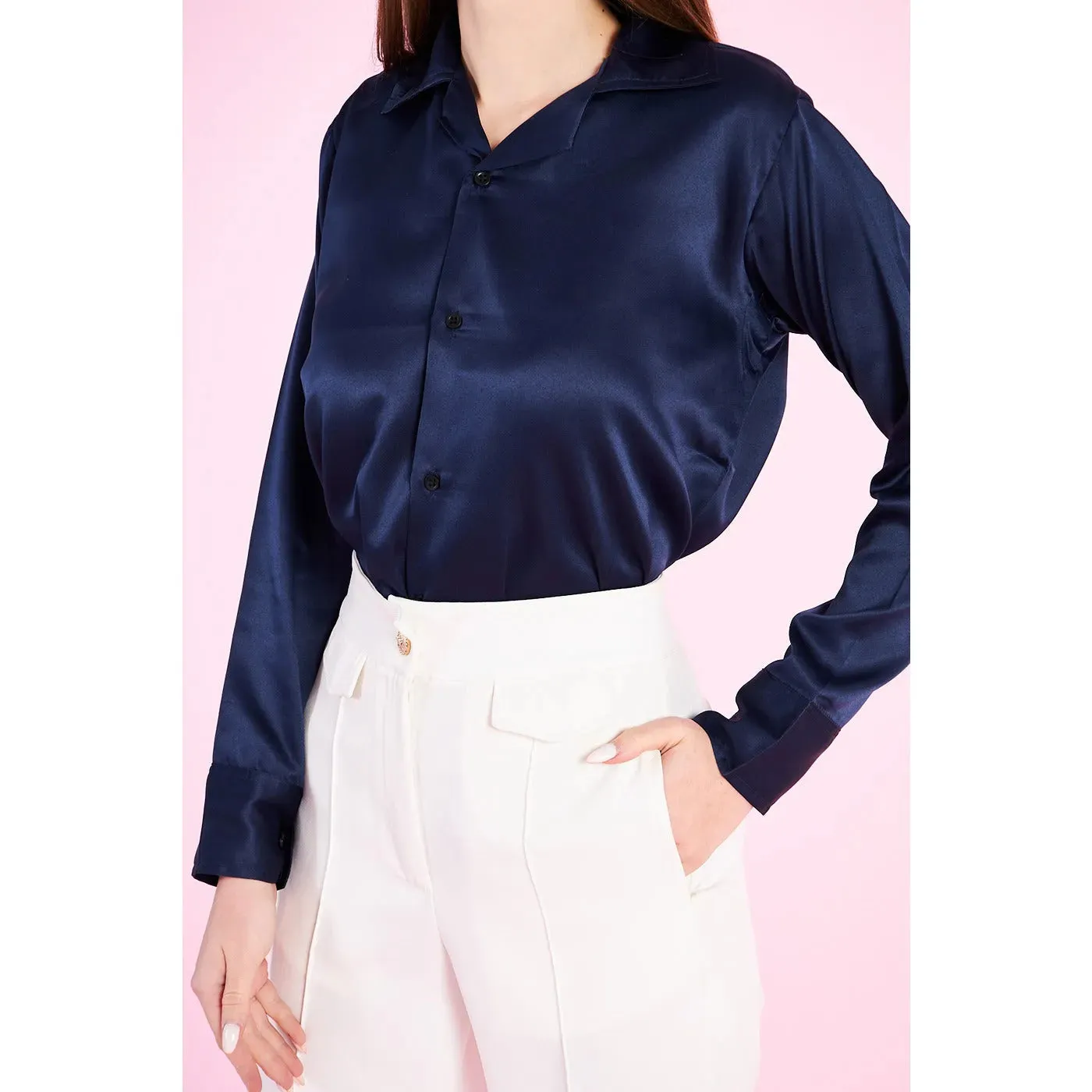 Blue Cuban Collar Satin Shirt