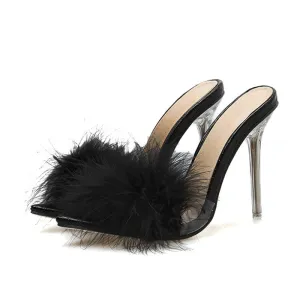 Fuzzy Mule Sandals Crystal High Heels