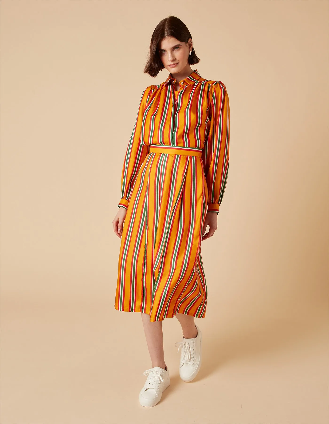Gabrielle Mango Retro Stripe Print Silk Twill Midi Skirt