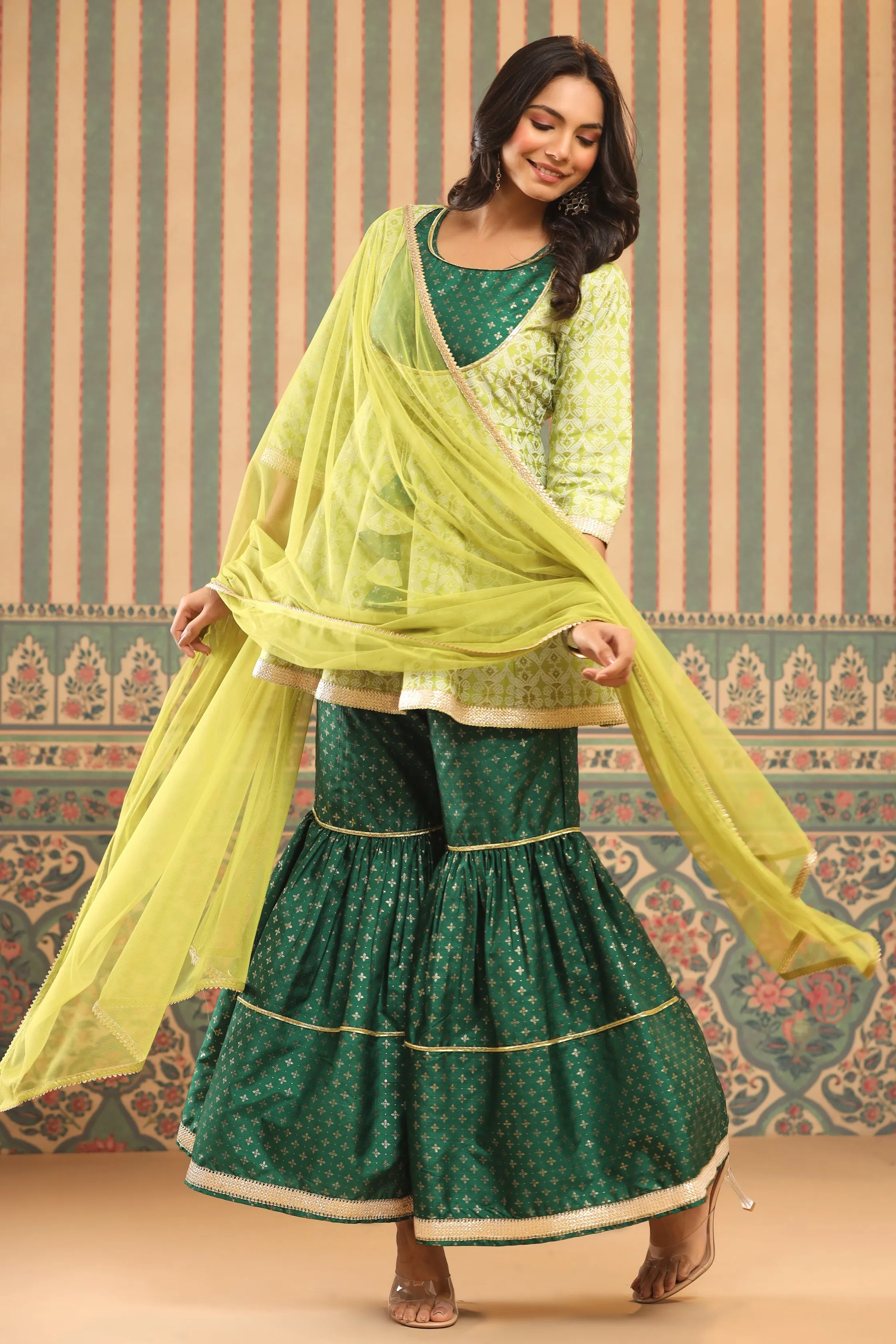 Green Shantoon Slub Printed Flared Kurta Sets