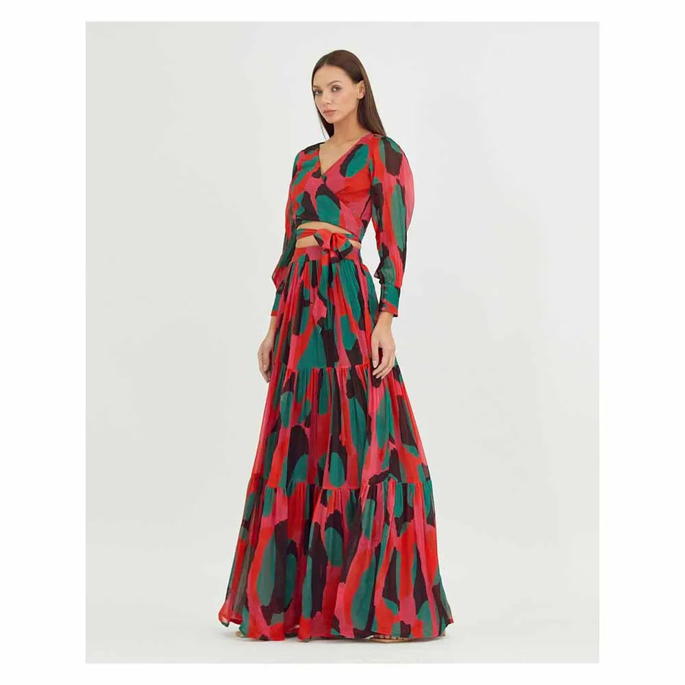 KoAi Red, Green and Black Abstract Layer Skirt