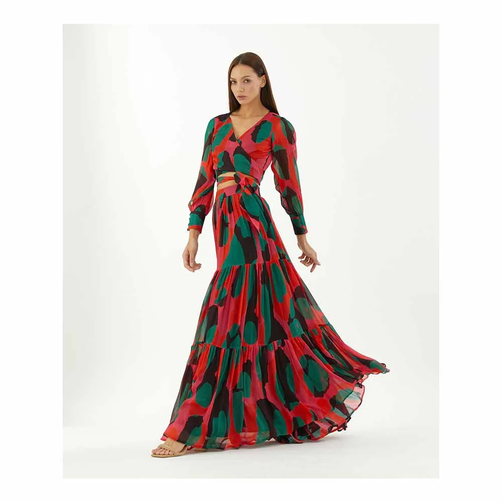 KoAi Red, Green and Black Abstract Layer Skirt