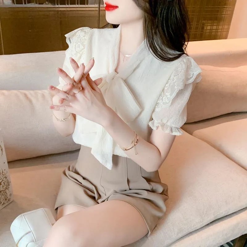 Lace Bow Tie Tie-Up Chiffon Niche Blouse