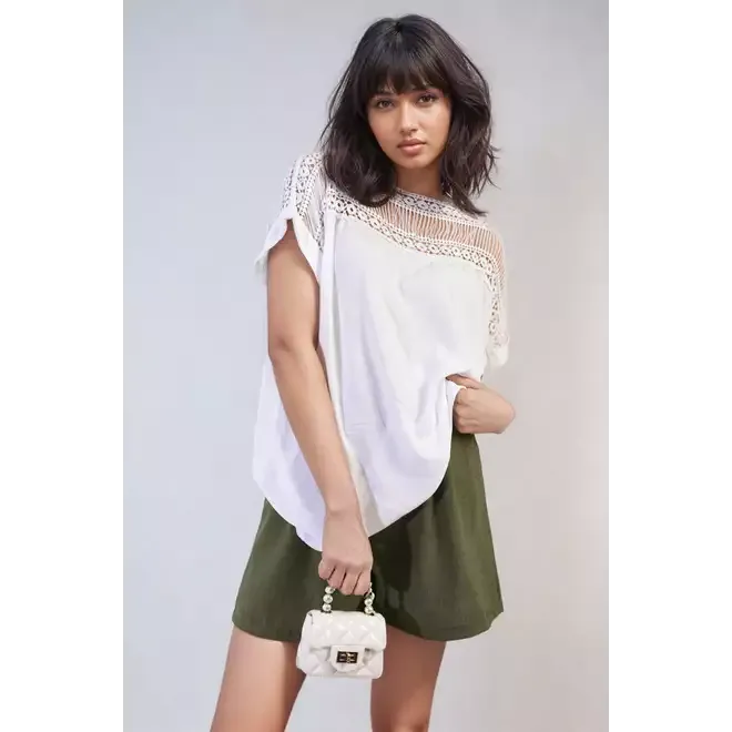 Lace Insert Round Neck Hollow Top