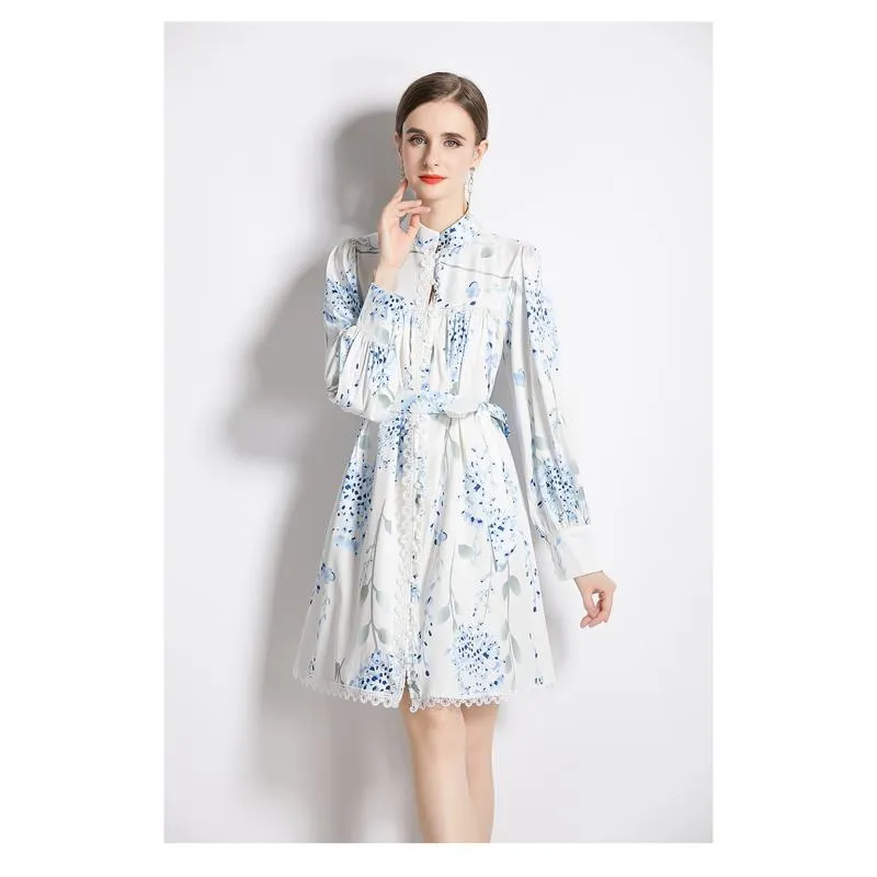 Lace Lantern Cinched Waist Stand-Up Collar Tie-Up Vacation Dress