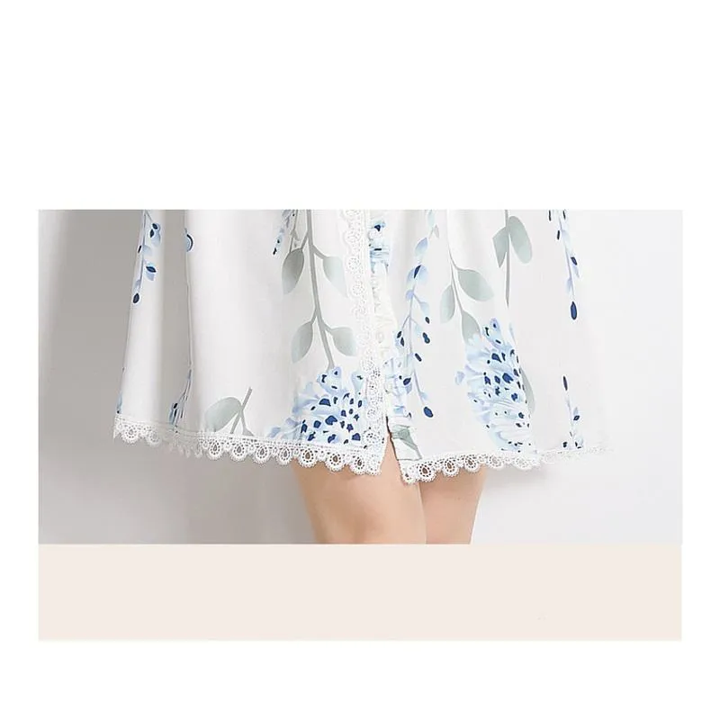 Lace Lantern Cinched Waist Stand-Up Collar Tie-Up Vacation Dress