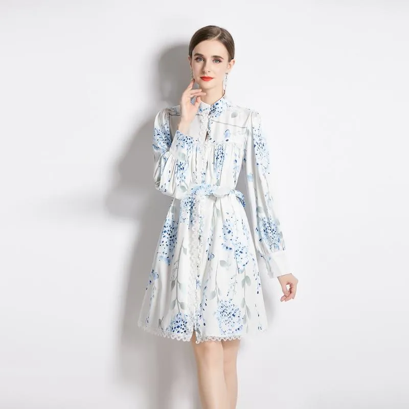Lace Lantern Cinched Waist Stand-Up Collar Tie-Up Vacation Dress
