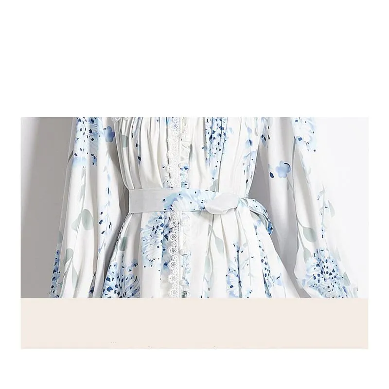Lace Lantern Cinched Waist Stand-Up Collar Tie-Up Vacation Dress