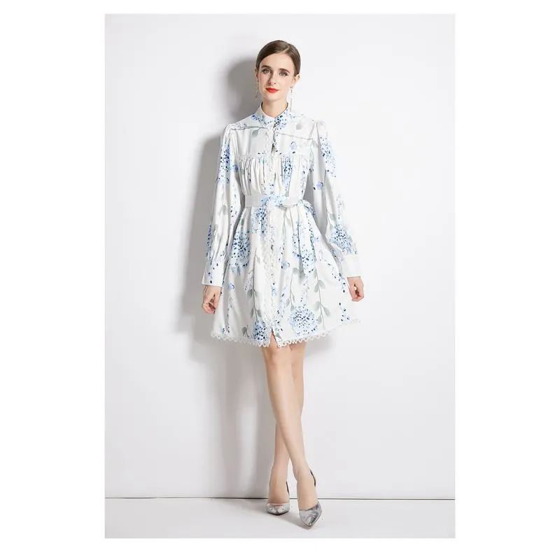 Lace Lantern Cinched Waist Stand-Up Collar Tie-Up Vacation Dress