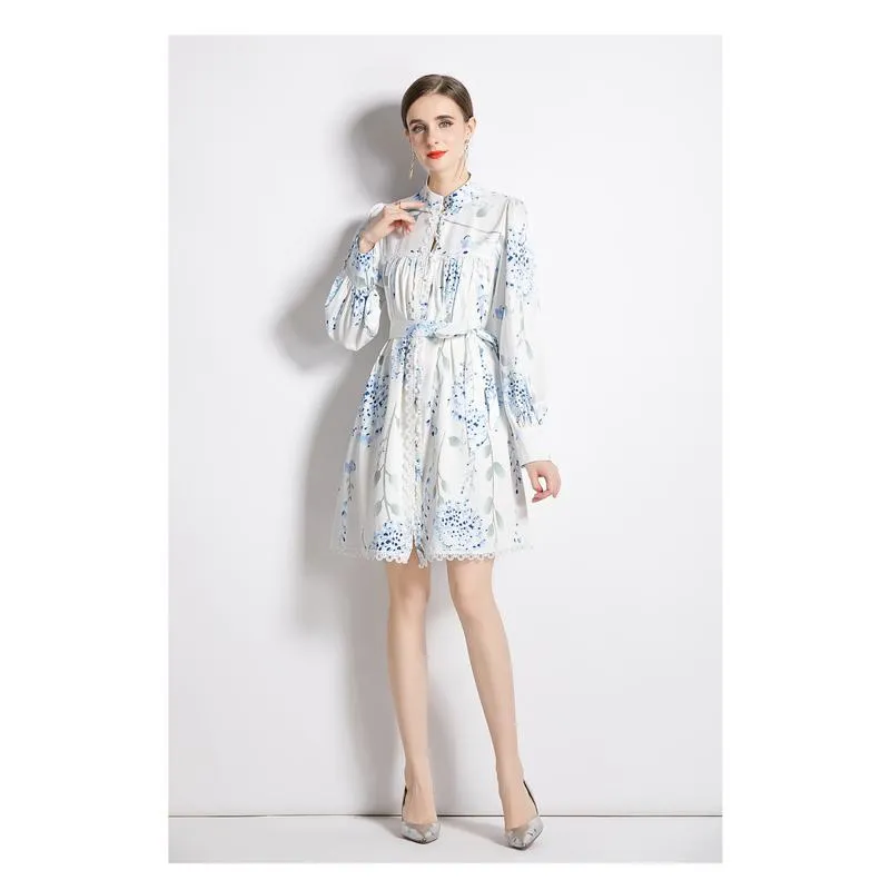 Lace Lantern Cinched Waist Stand-Up Collar Tie-Up Vacation Dress