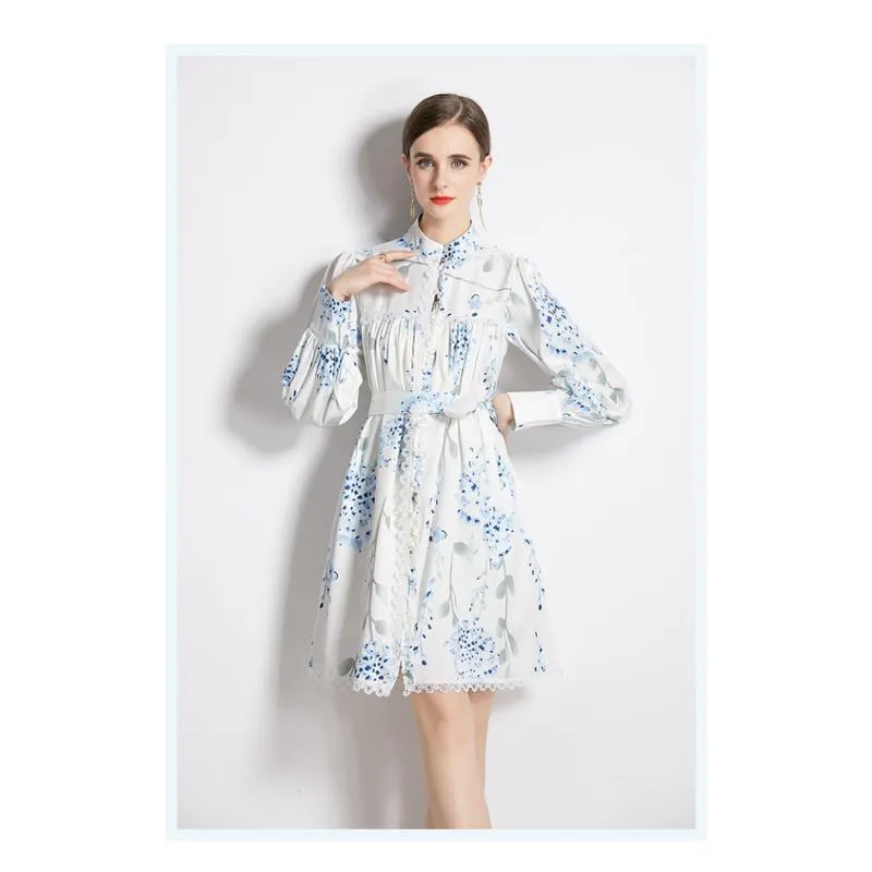 Lace Lantern Cinched Waist Stand-Up Collar Tie-Up Vacation Dress