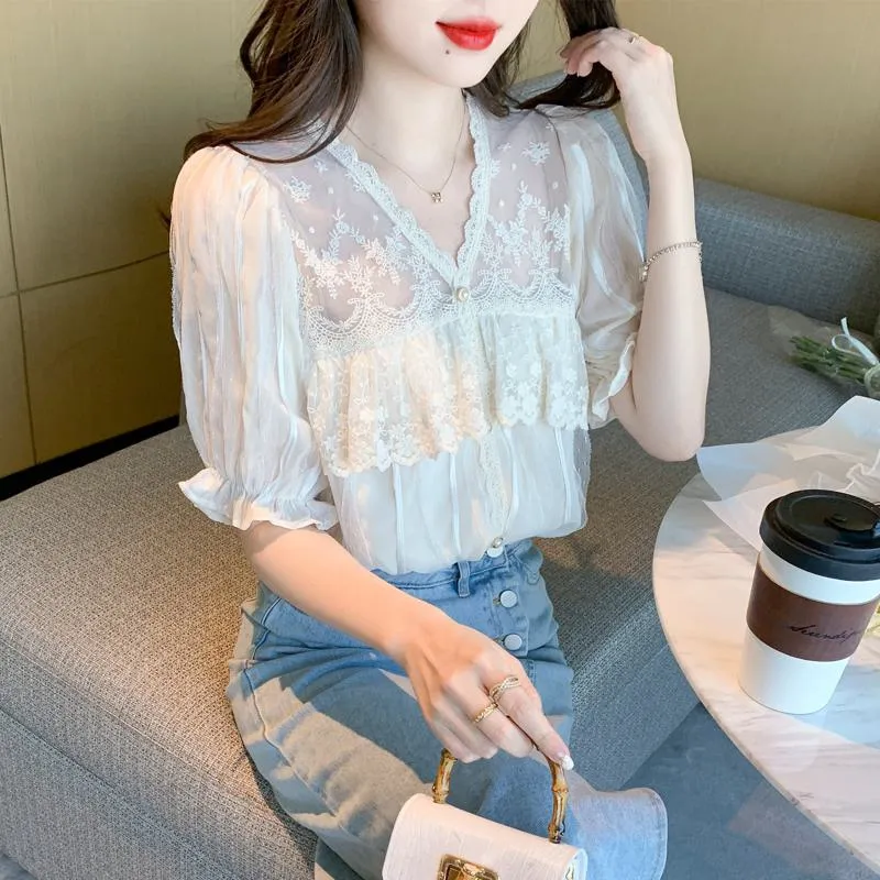 Lace Mesh Ruffle Trim Patchwork Chiffon Blouse