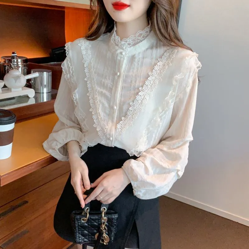 Lace Ruffle Trim Bubble Sleeve Chiffon Blouse
