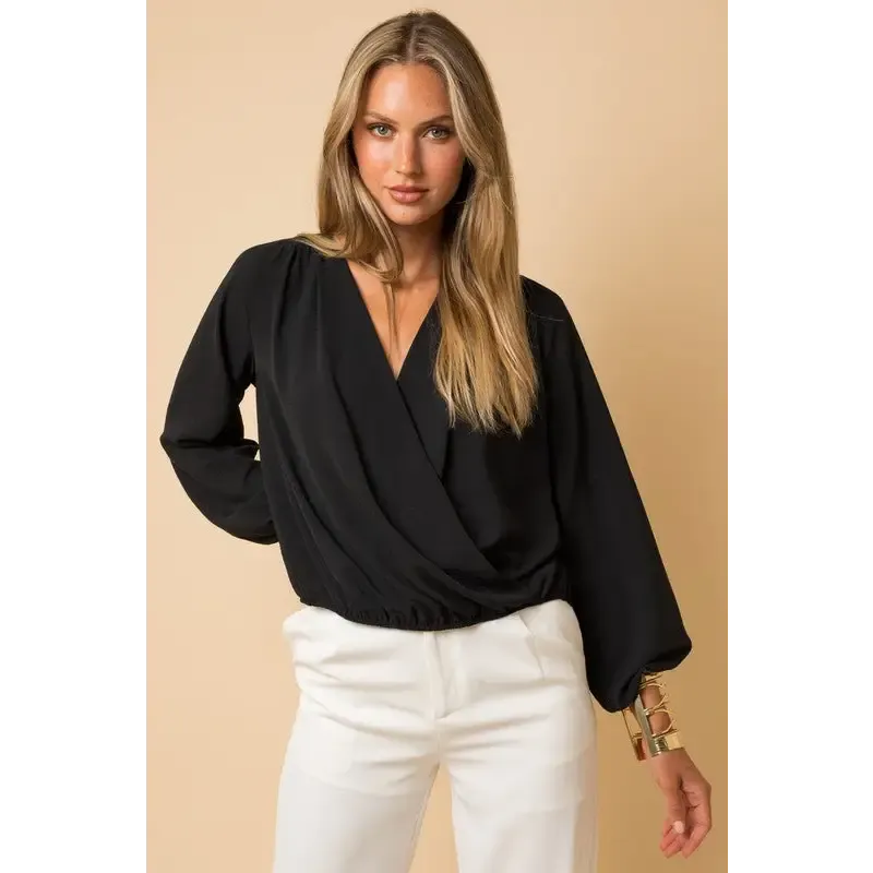 Long Sleeve Surplice Shoulder Shirring Top
