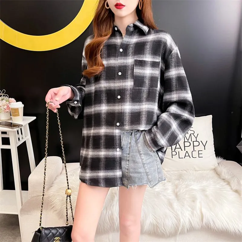 Loose Fit Plaid Thin Retro Black And White Sun Protection Plus Niche Shirt