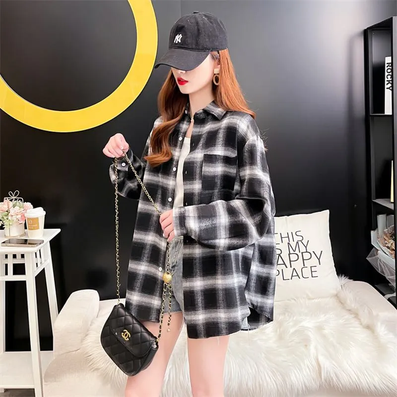 Loose Fit Plaid Thin Retro Black And White Sun Protection Plus Niche Shirt