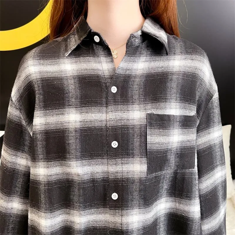 Loose Fit Plaid Thin Retro Black And White Sun Protection Plus Niche Shirt