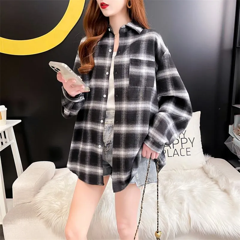 Loose Fit Plaid Thin Retro Black And White Sun Protection Plus Niche Shirt