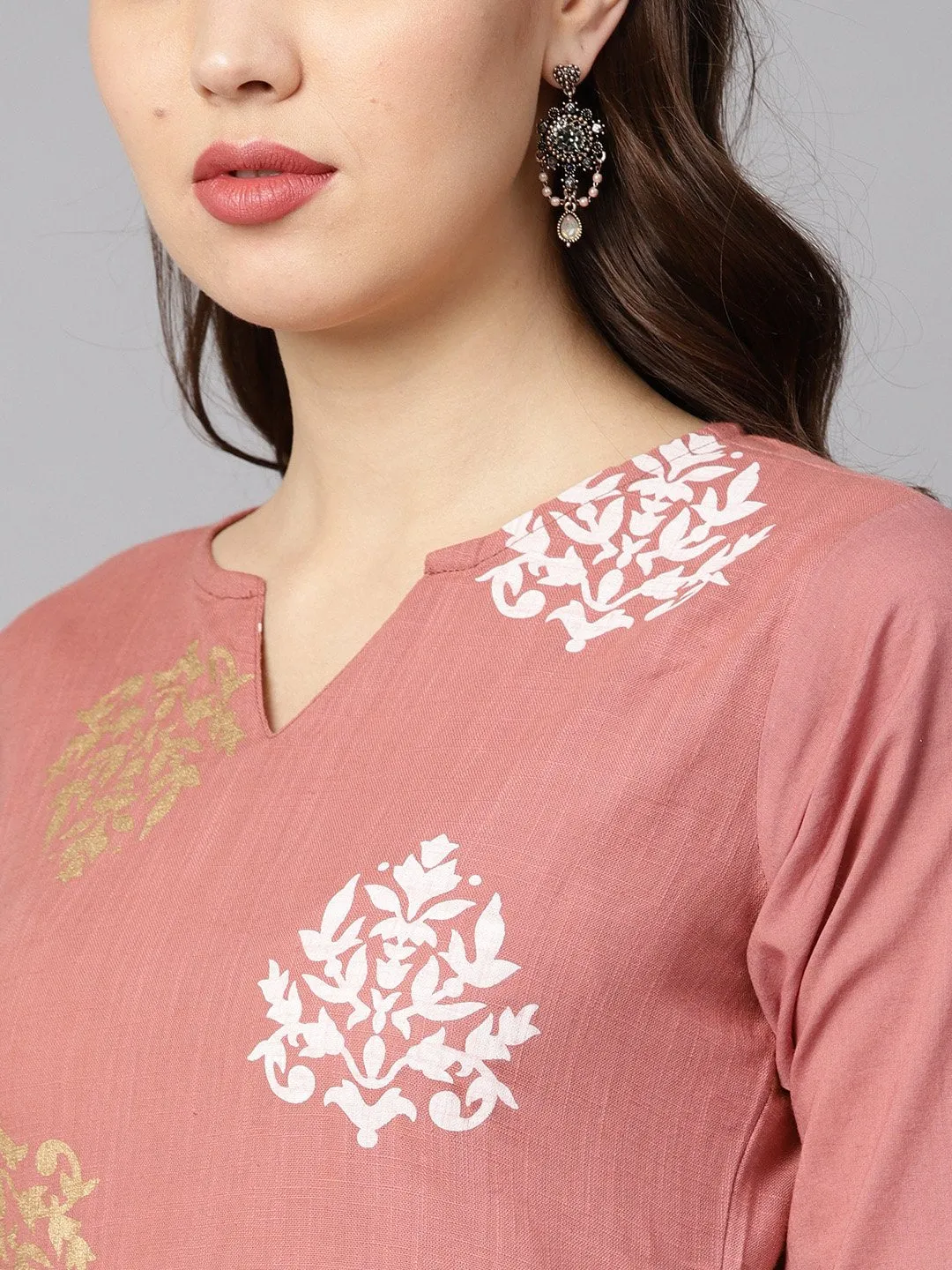 Mauve Colored Gold Printed Kurta Set With Solid Palazzo Embellished With Gotta