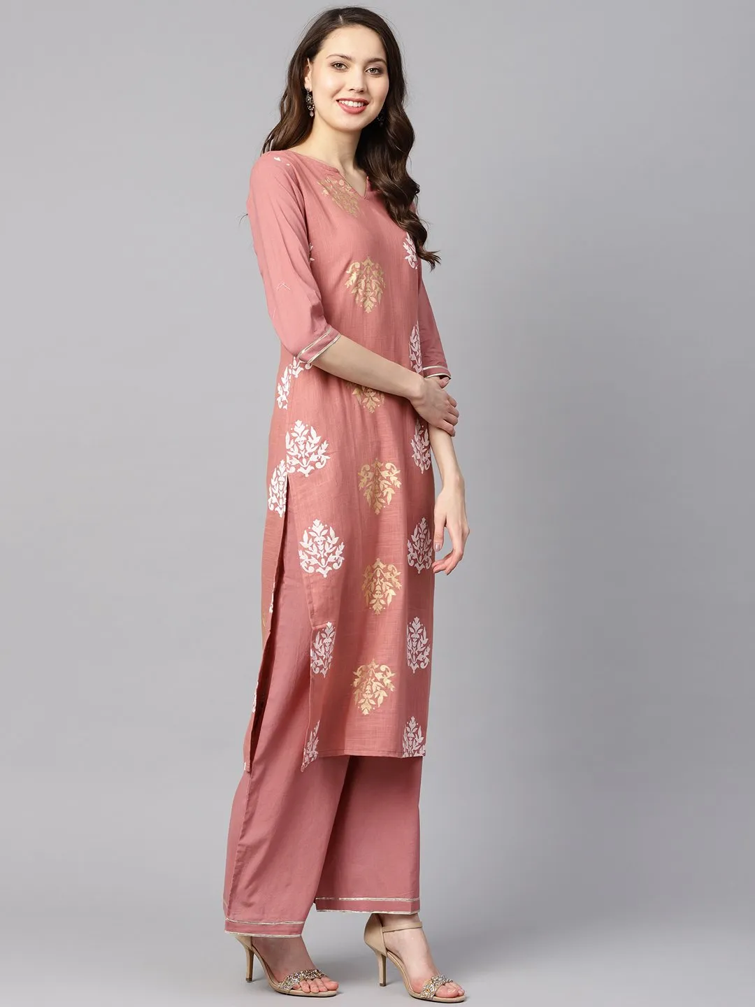 Mauve Colored Gold Printed Kurta Set With Solid Palazzo Embellished With Gotta