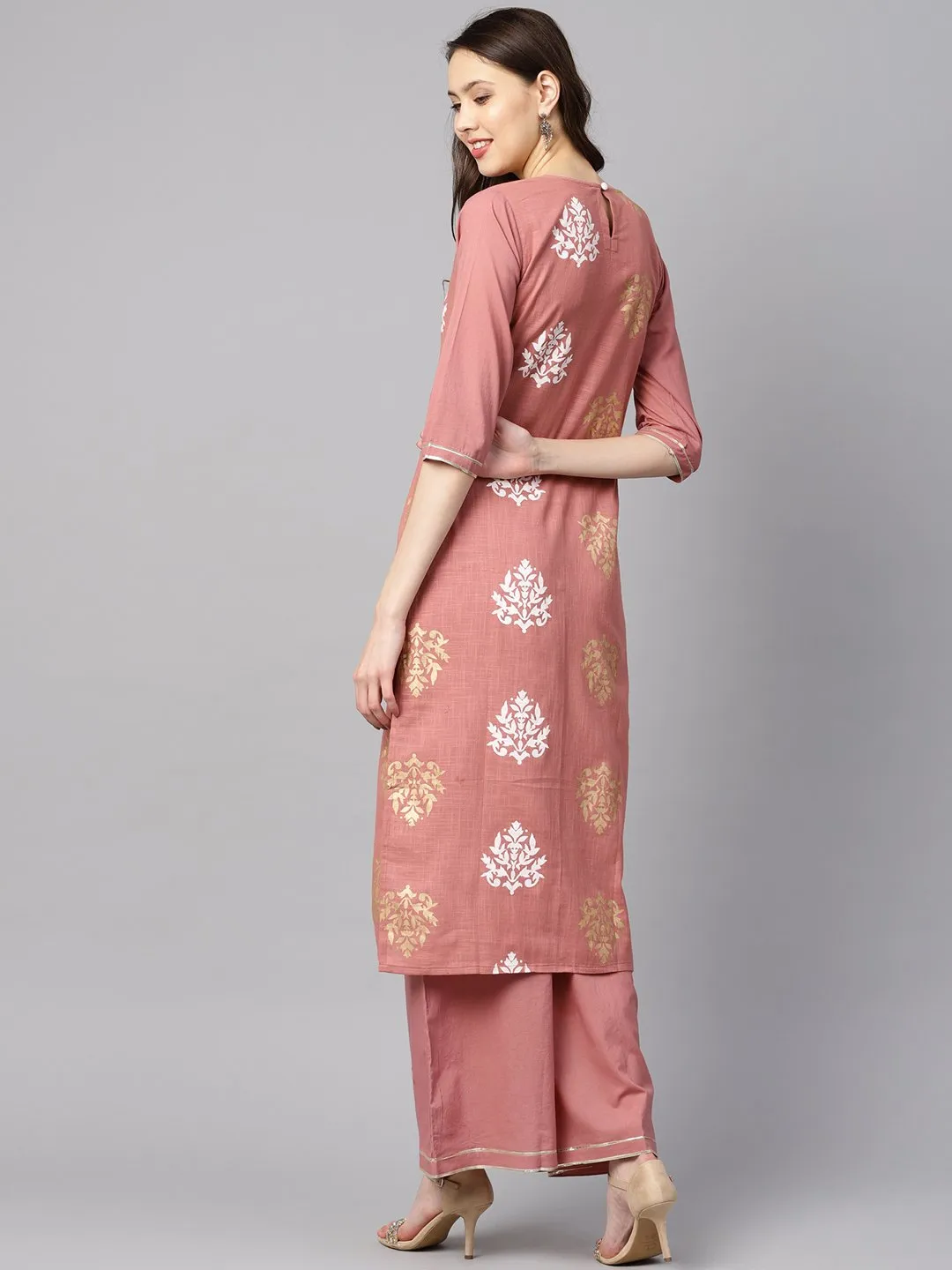 Mauve Colored Gold Printed Kurta Set With Solid Palazzo Embellished With Gotta