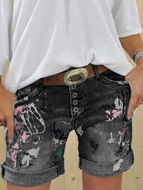 Multi-button Printed Denim Shorts
