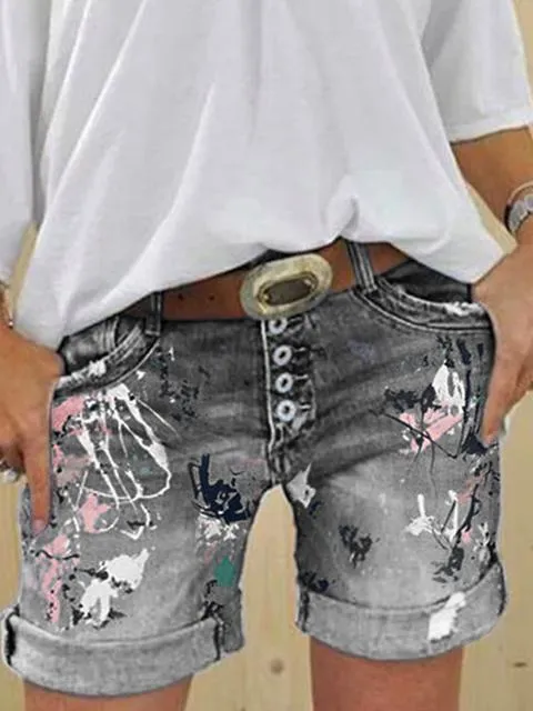 Multi-button Printed Denim Shorts