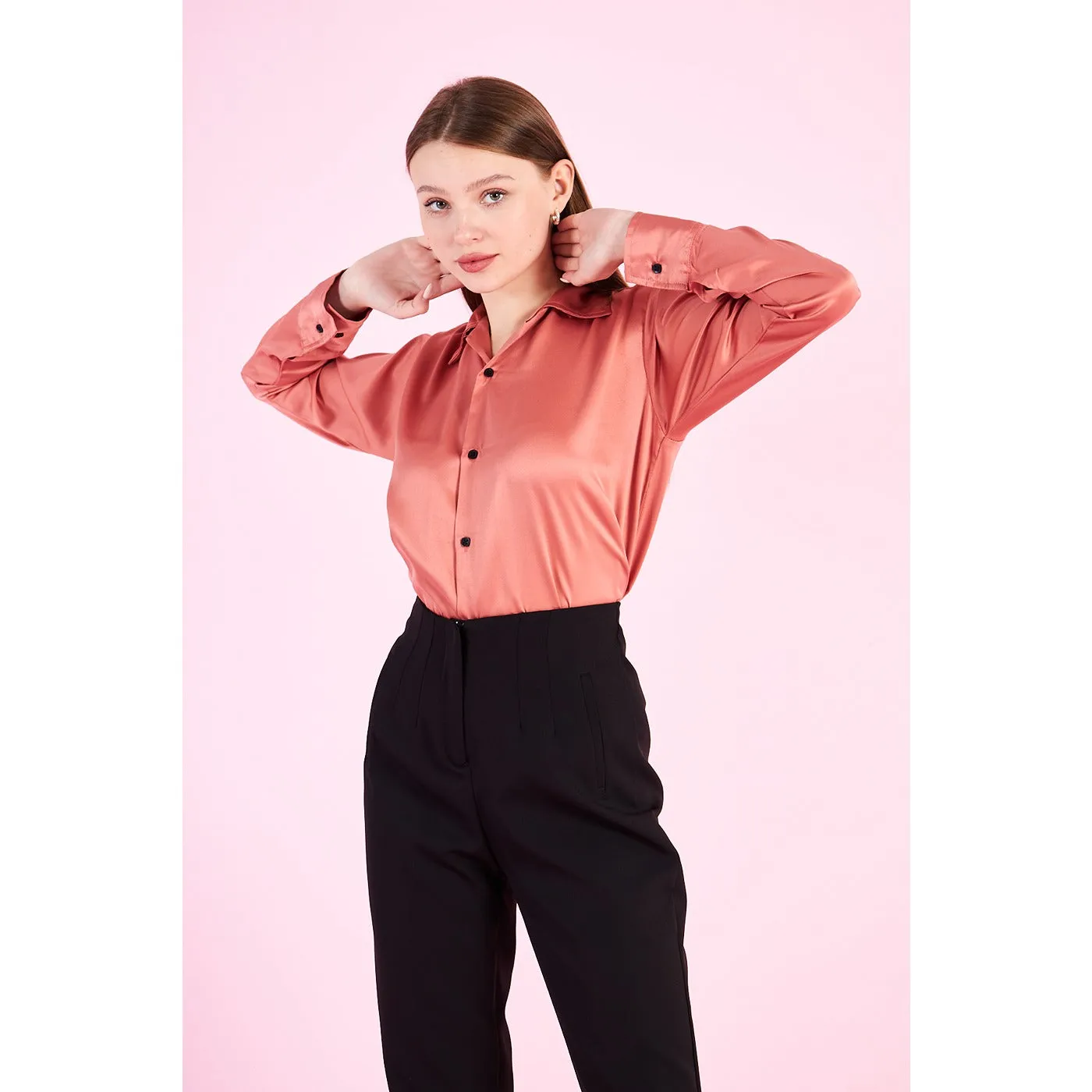 Pink Cuban Collar Satin Shirt