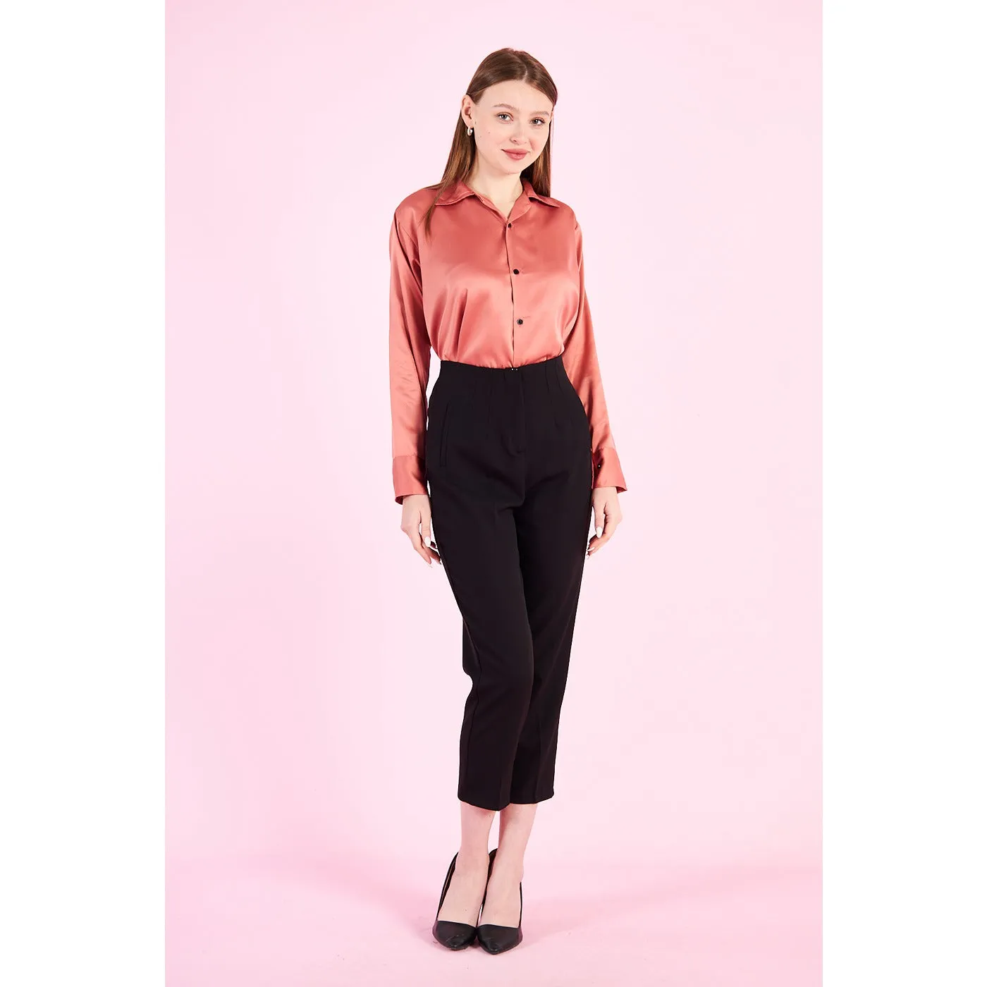 Pink Cuban Collar Satin Shirt