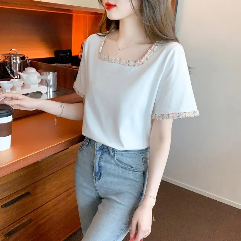 Pure Cotton Pullover Anti-Aging Slimming Square Collar Color-Blocking Loose Fit Classic Blouse