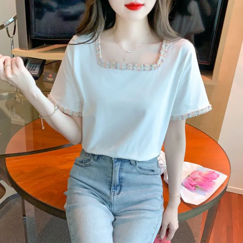 Pure Cotton Pullover Anti-Aging Slimming Square Collar Color-Blocking Loose Fit Classic Blouse