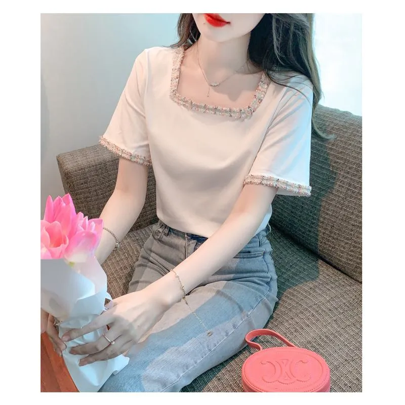 Pure Cotton Pullover Anti-Aging Slimming Square Collar Color-Blocking Loose Fit Classic Blouse