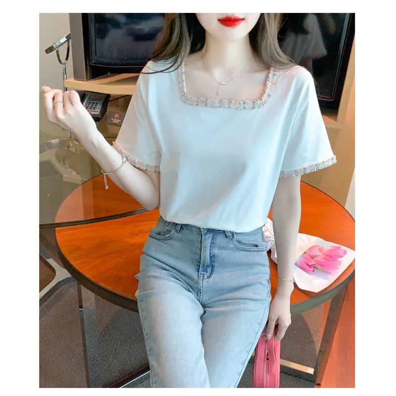 Pure Cotton Pullover Anti-Aging Slimming Square Collar Color-Blocking Loose Fit Classic Blouse