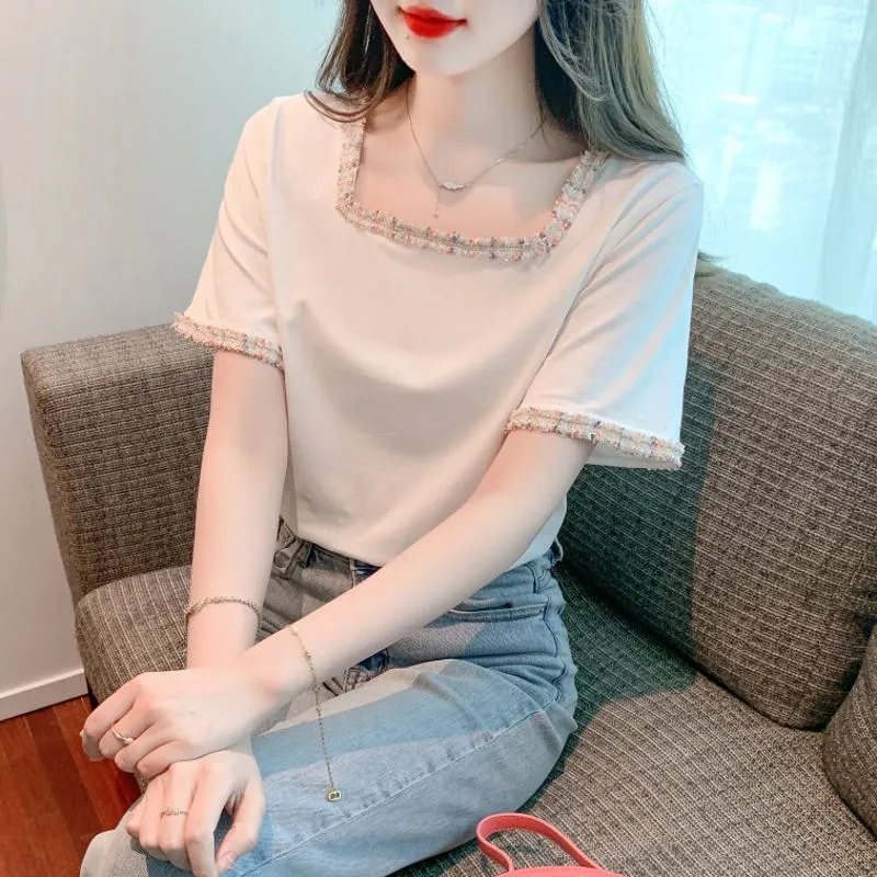 Pure Cotton Pullover Anti-Aging Slimming Square Collar Color-Blocking Loose Fit Classic Blouse
