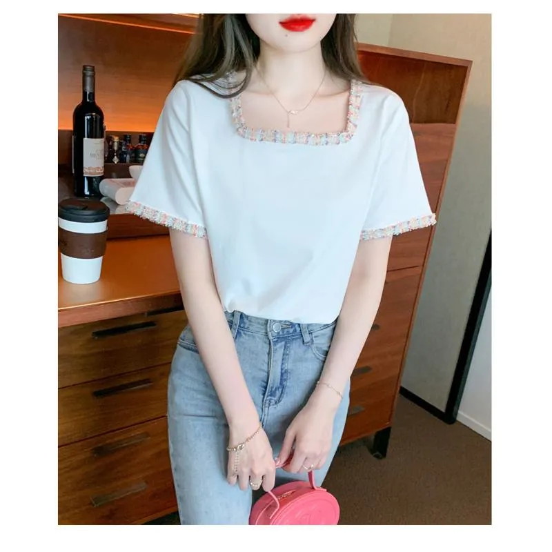 Pure Cotton Pullover Anti-Aging Slimming Square Collar Color-Blocking Loose Fit Classic Blouse