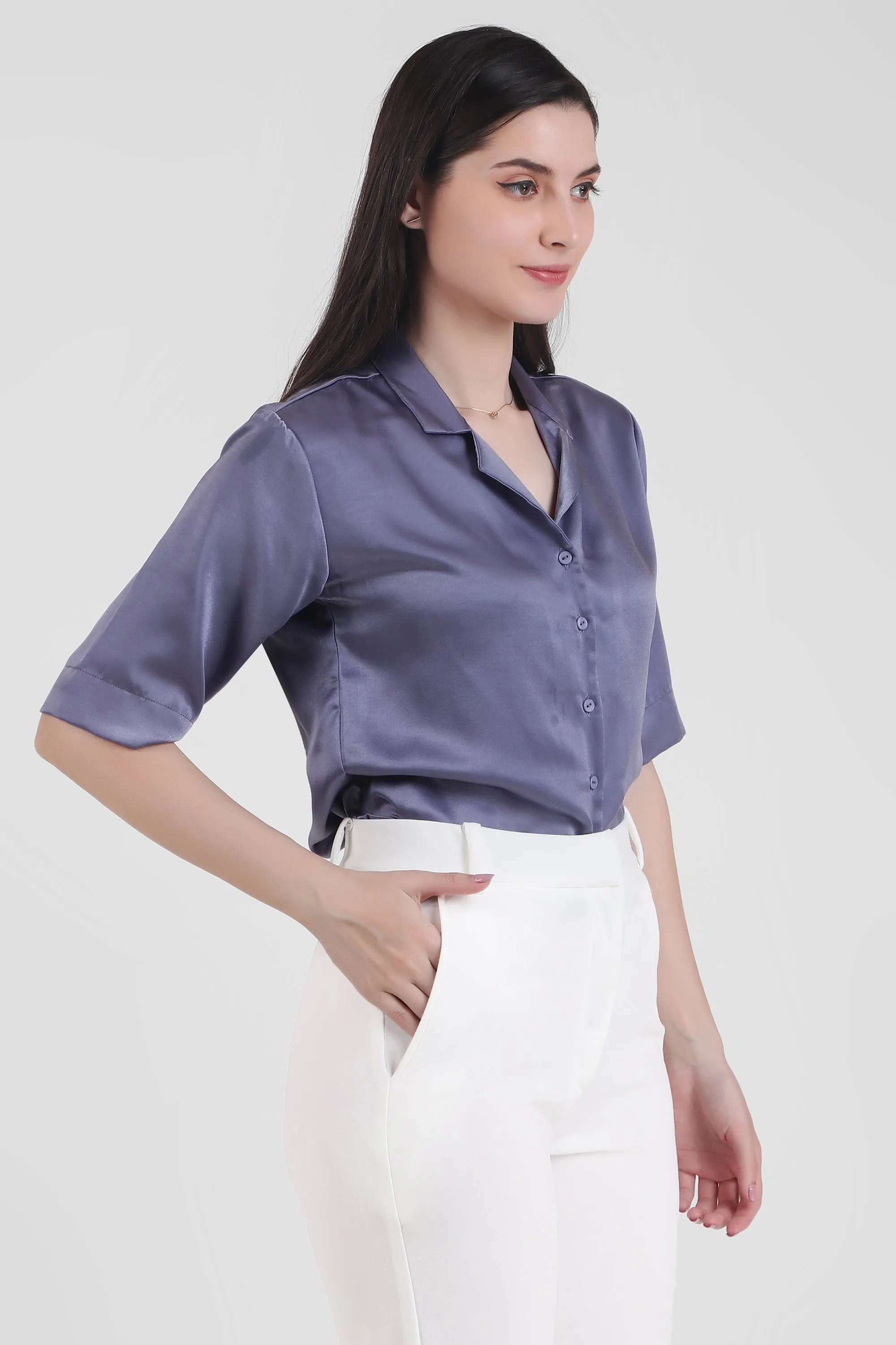 Short Sleeve Satin Shirt, Lavendar