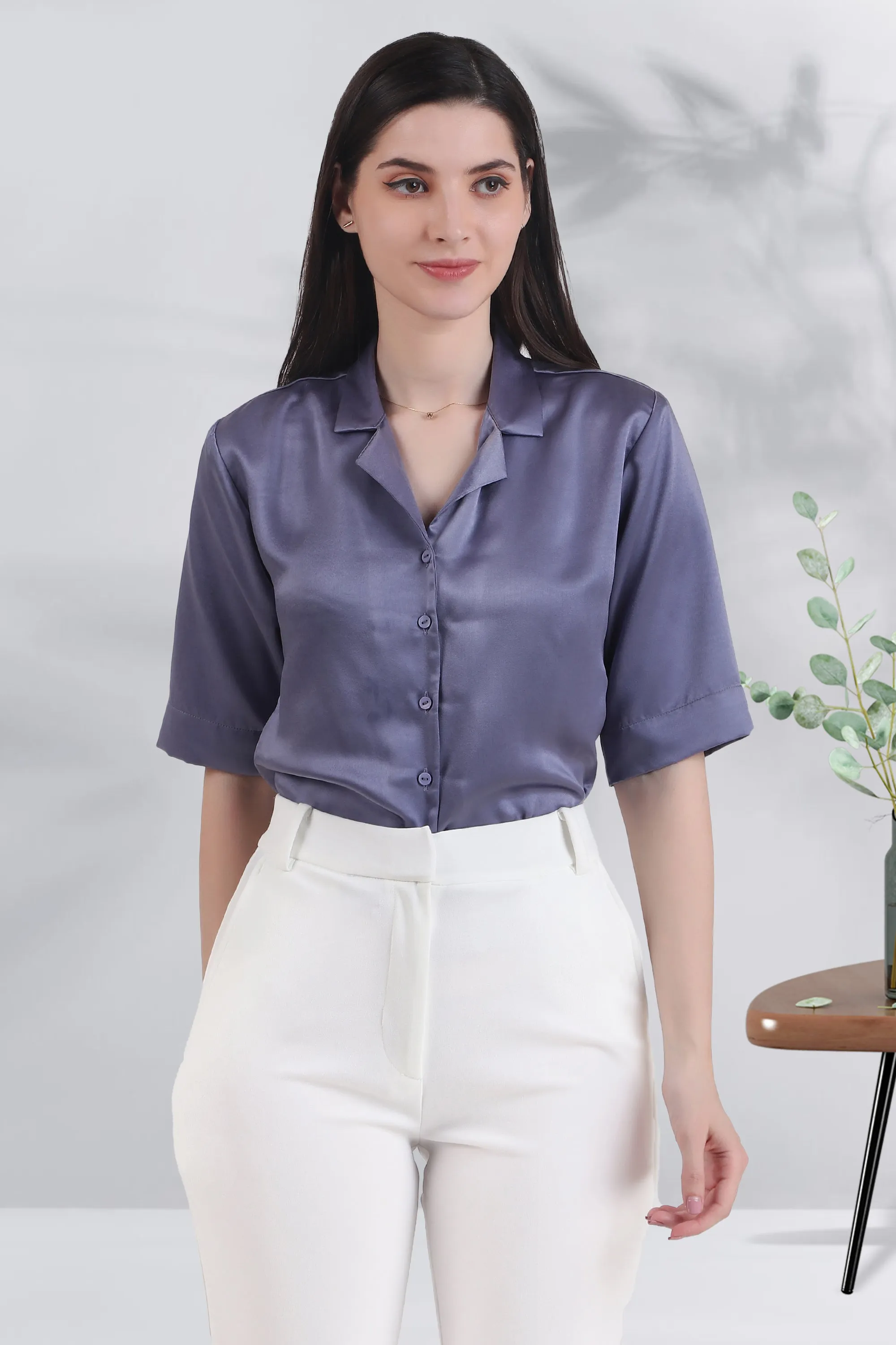 Short Sleeve Satin Shirt, Lavendar