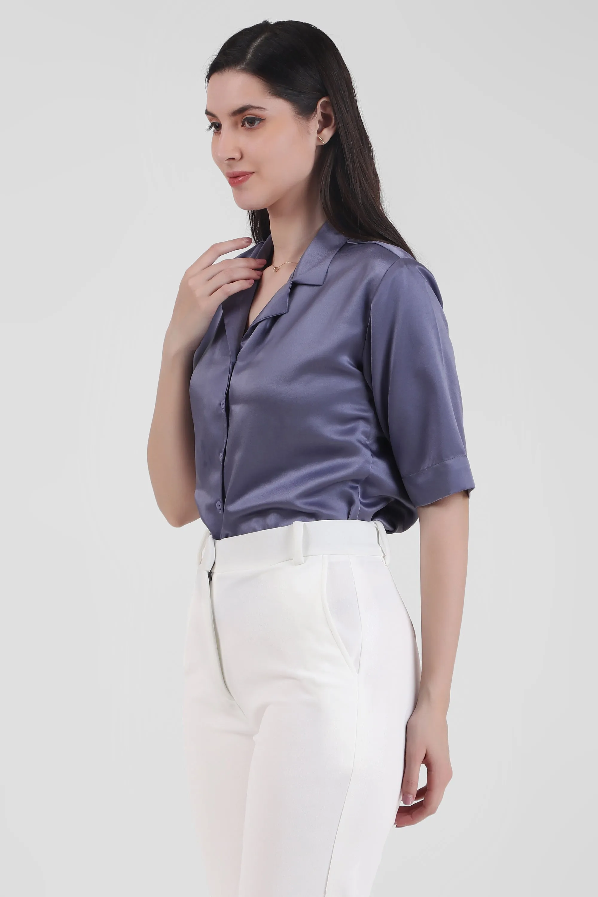 Short Sleeve Satin Shirt, Lavendar
