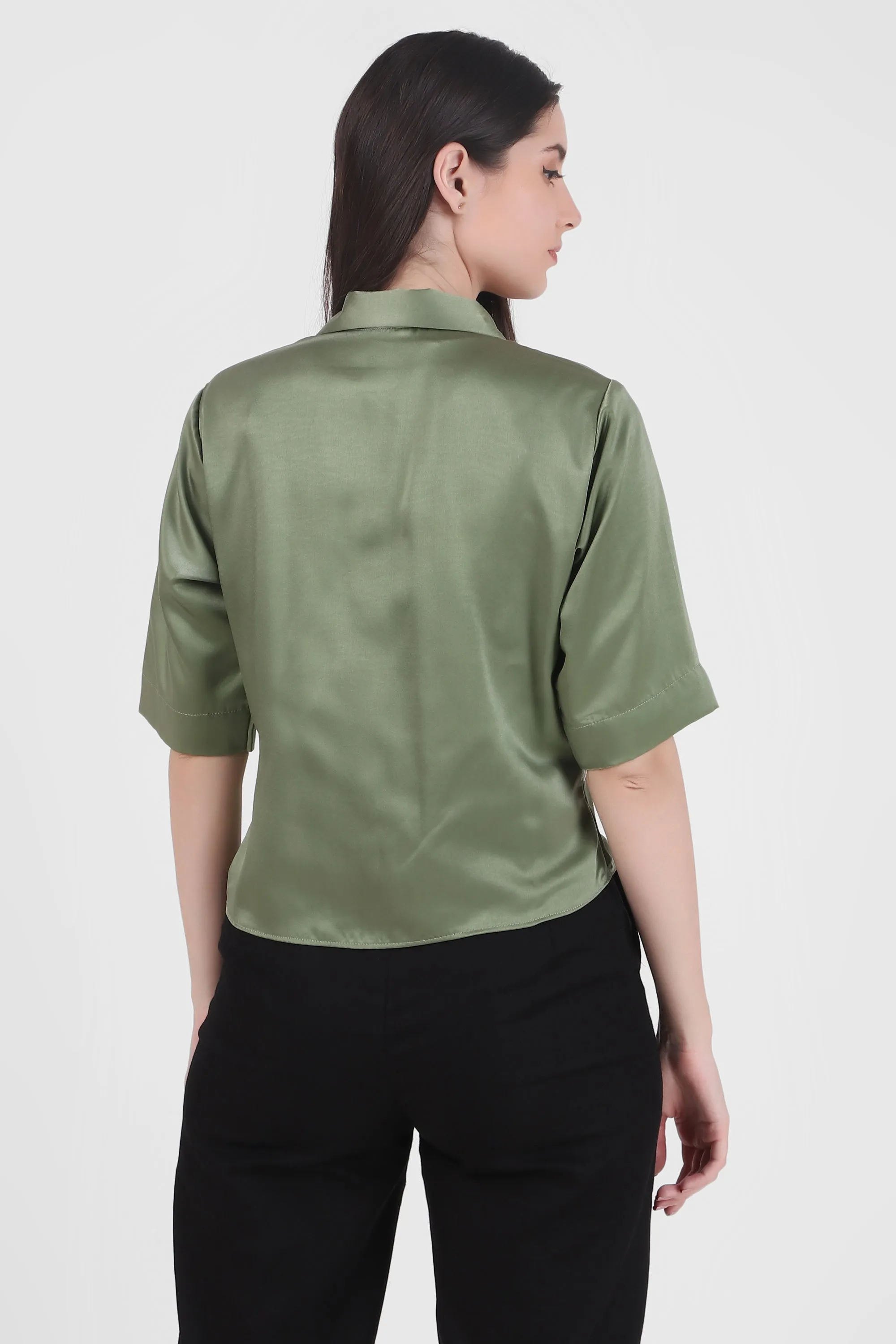 Short Sleeve Satin Shirt, Sage Green
