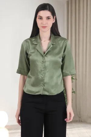 Short Sleeve Satin Shirt, Sage Green