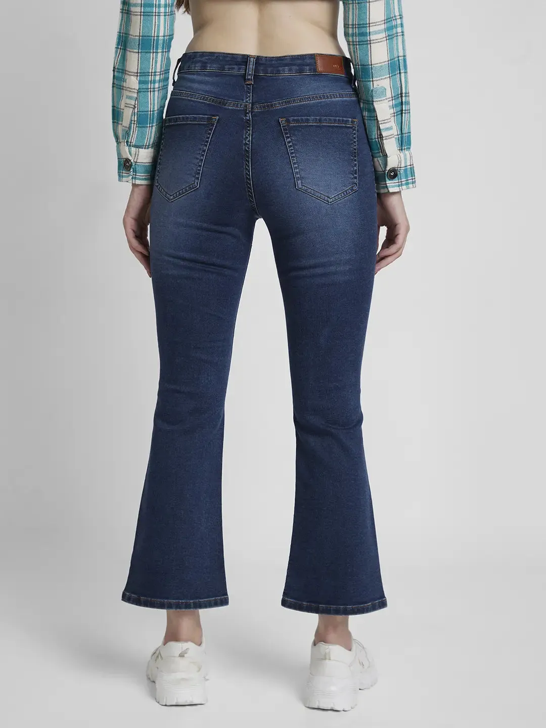 Spykar Women Mid Blue Lycra Bootcut Fit Ankle Length Low Distressed Jeans -(Elissa)