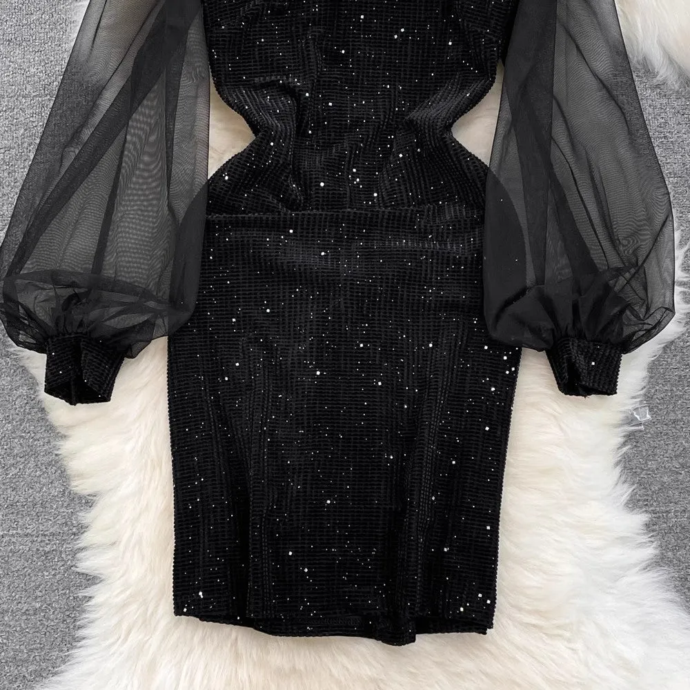 V-neck mesh lantern long-sleeved A-line sequined dress     S3920