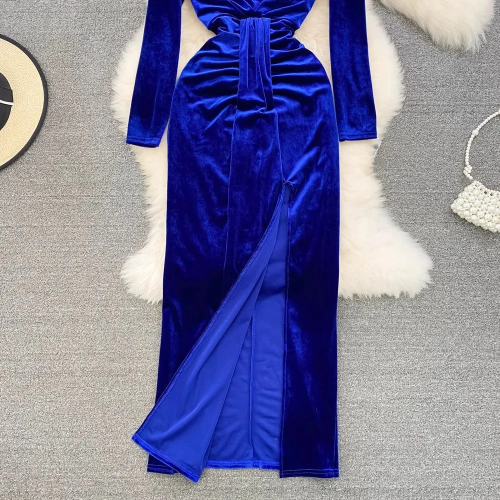 velvet dress v-neck long skirt     S4326