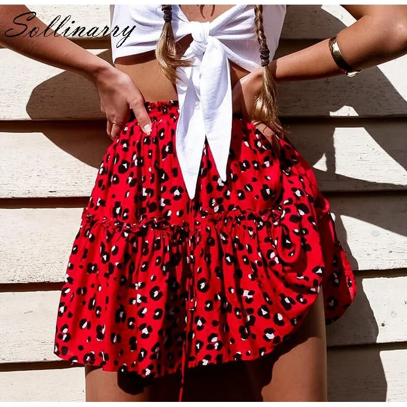 VenusFox Red Ruffles Leopard Summer Boho Skirts