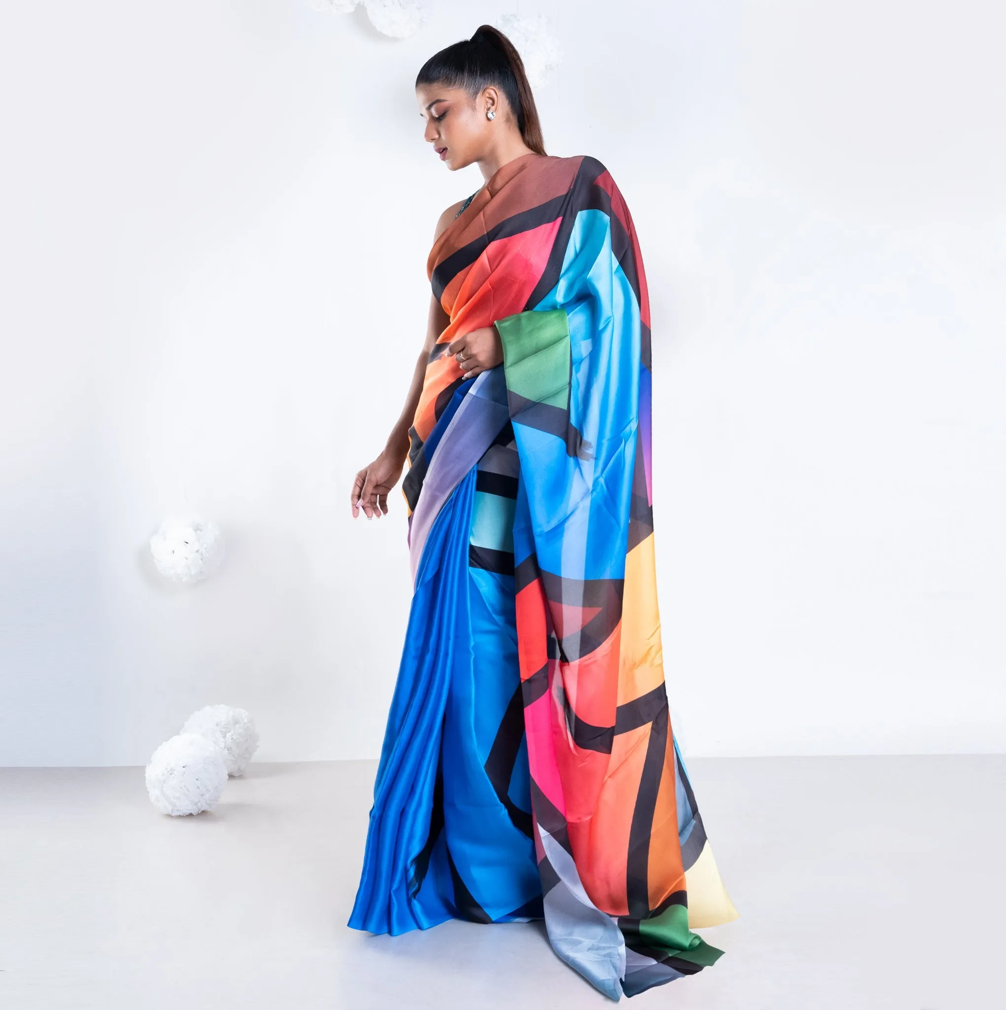 Women Ami Satin Georgette Digital Printed Saree In Blue Color