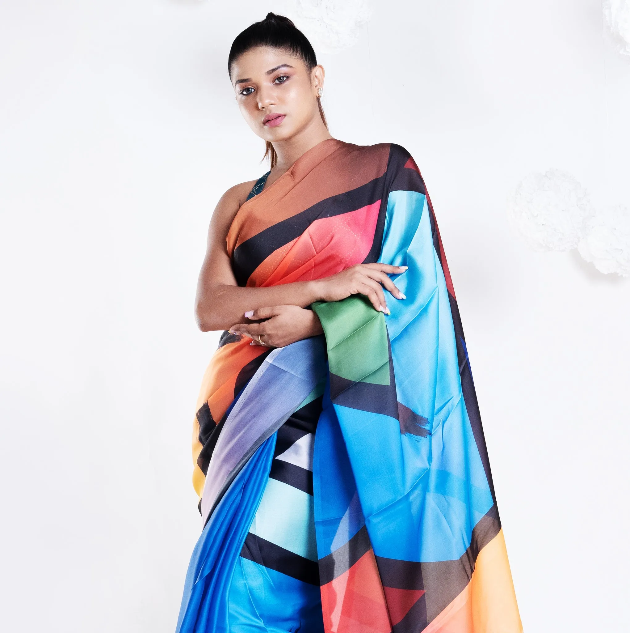 Women Ami Satin Georgette Digital Printed Saree In Blue Color